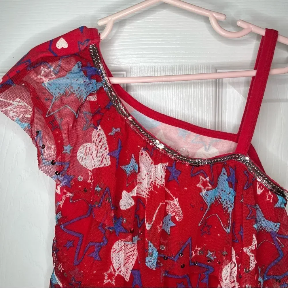 Justice Red Tiered Ruffle Sequin One Shoulder Star Print July 4th Tank Top Red 8